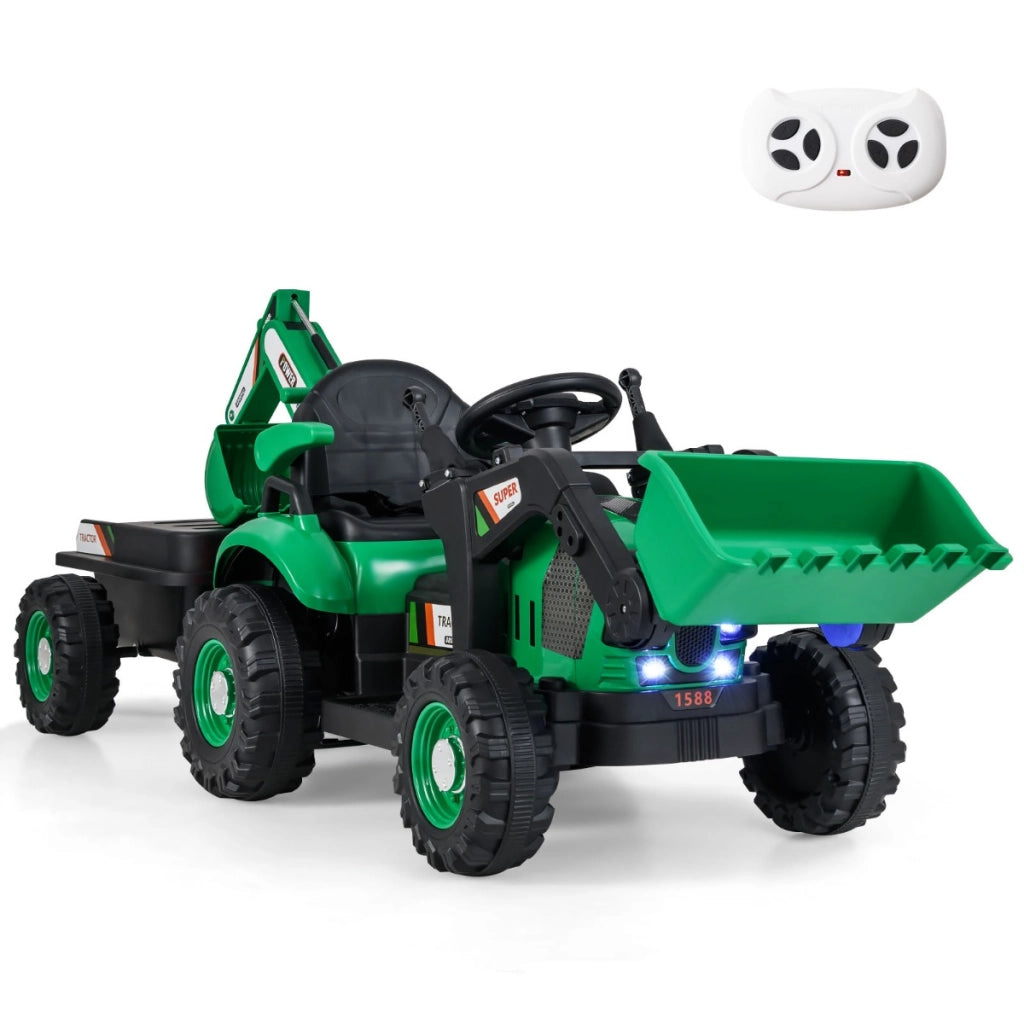Veicolo di costruzione elettrico 12V con rimorchio cucchiaia scavatore trattore-Escavatore e bulldozer 4-in-1 per bambini Verde