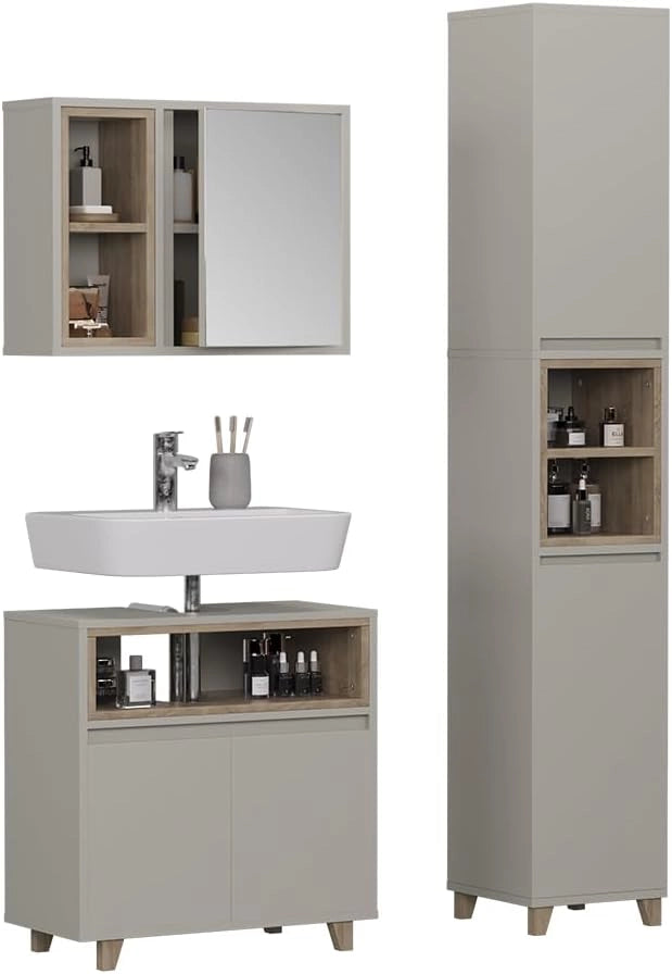 Set di mobili da bagno Elnor, Grigio, 60 cm, composto da mobile sottolavabo, specchiera e colonna alta