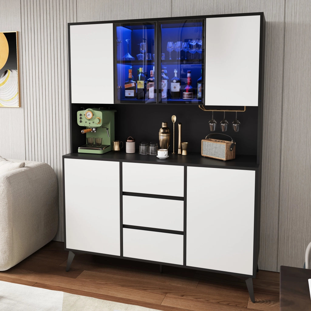 Credenza alta con 6 ante e 3 cassetti, LED, per sala da pranzo, 120×40×160 cm