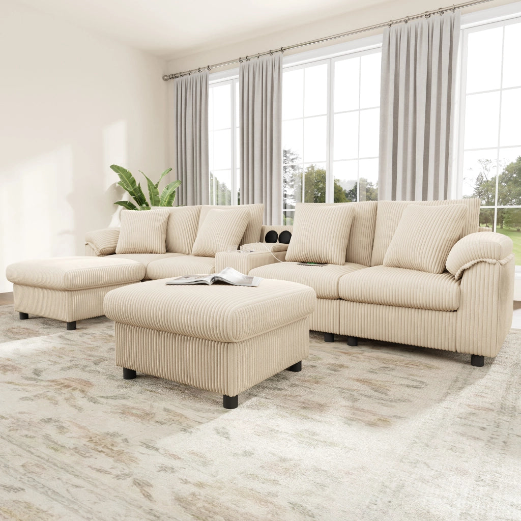 Divano modulare con altoparlante Bluetooth console di ricarica USB e Type C in tessuto a coste beige