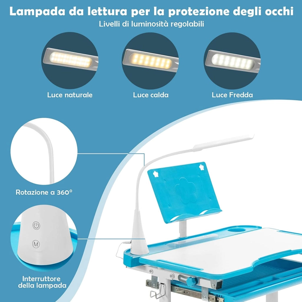 Set Scrivania e Sedia per Bambini, Tavolo Regolabile in Altezza con Piano Inclinabile 45° e Luce LED 3 Modalità, Tavolo e Sedia Ergonomica in Materiali Sicuri per 4+ Anni (Blu)