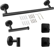 Set di asciugamani, set da bagno, 5 pezzi, per fissaggio a parete, comprensivo di 1 asciugamaniere, 1 contenitore per carta igienica e 3 ganci per asciugamani, adatto per bagno e cucina (nero)