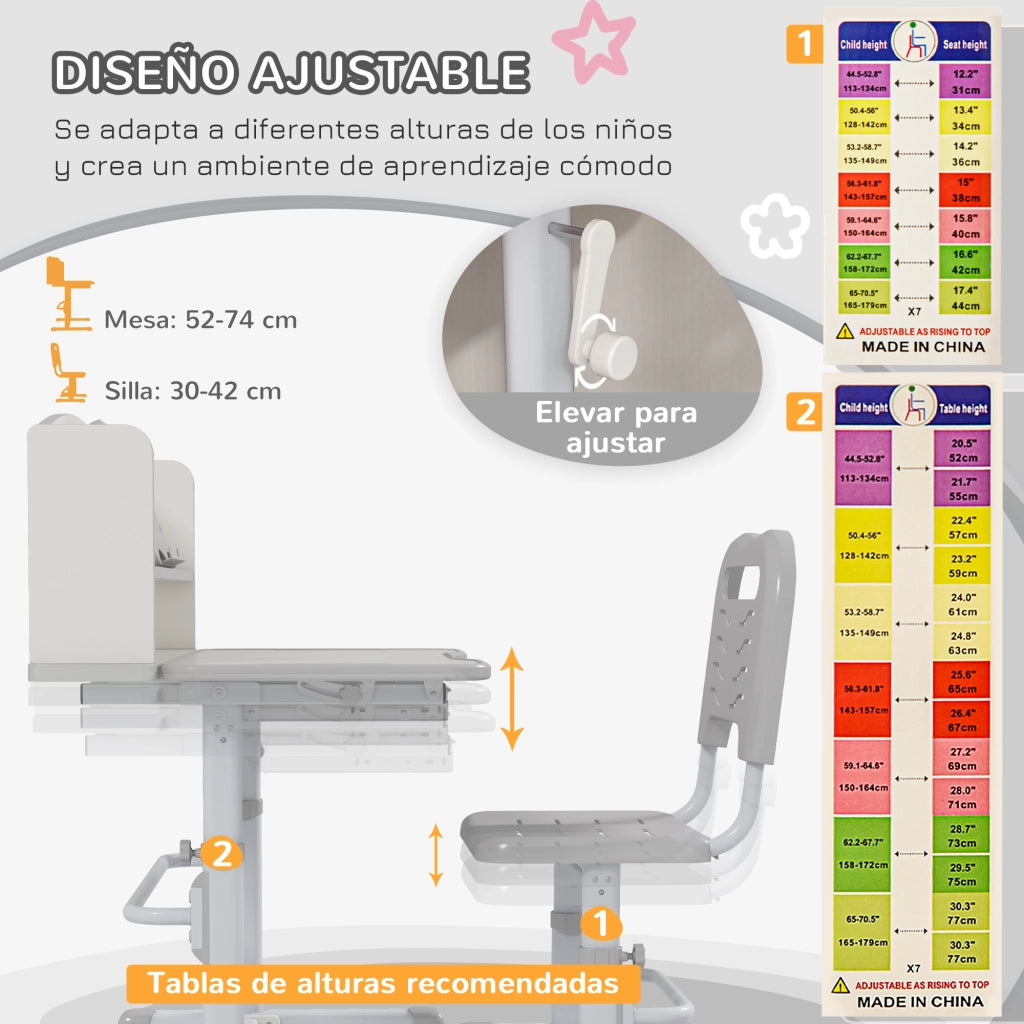 Scrivania per Bambini con Cassetto e Ripiano ¨C Zephmum ¨C Grigio e Bianco 80x54,5x82-104 cm