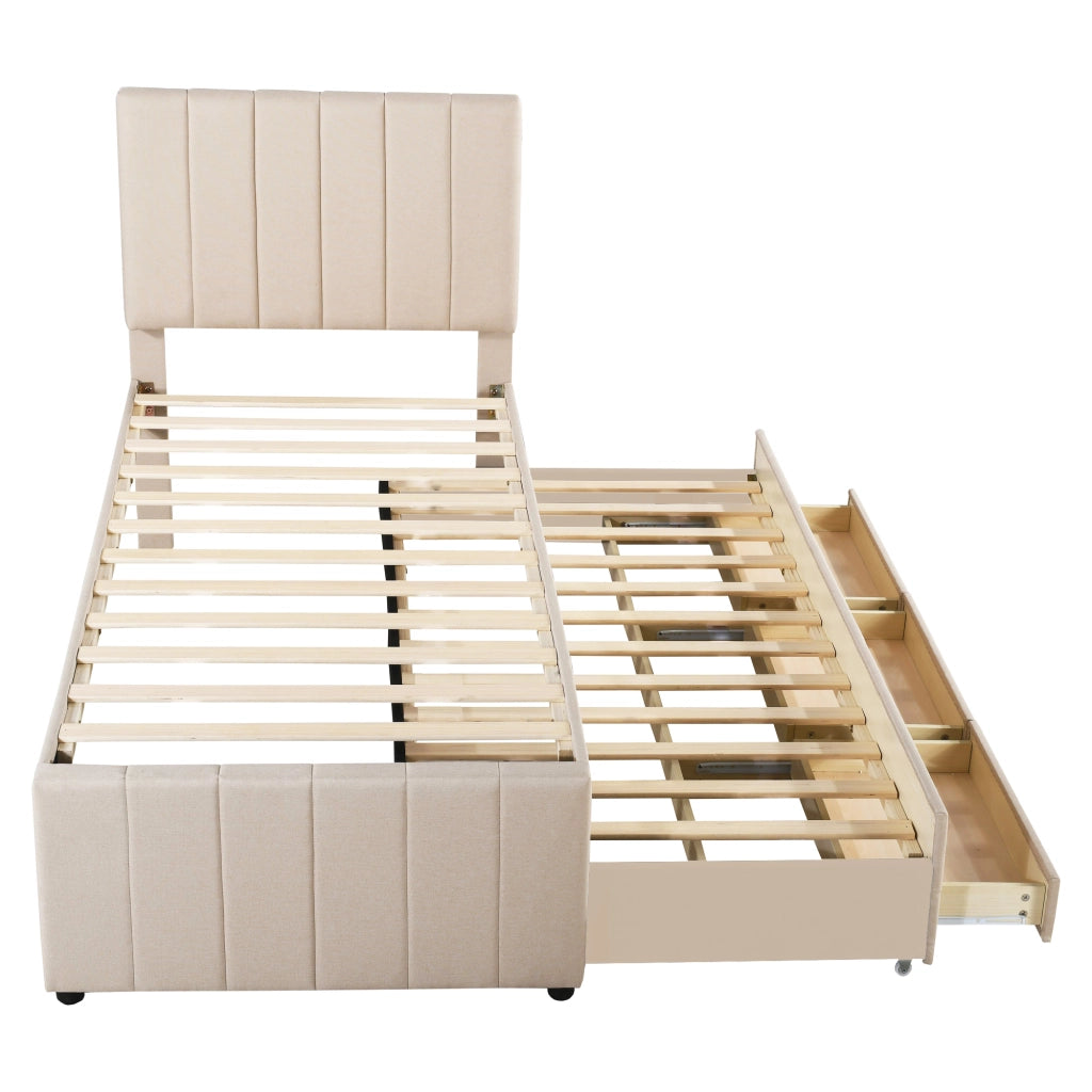 Letto imbottito singolo 90×200 cm con letto estraibile e 3 cassetti; rete; senza materasso; beige
