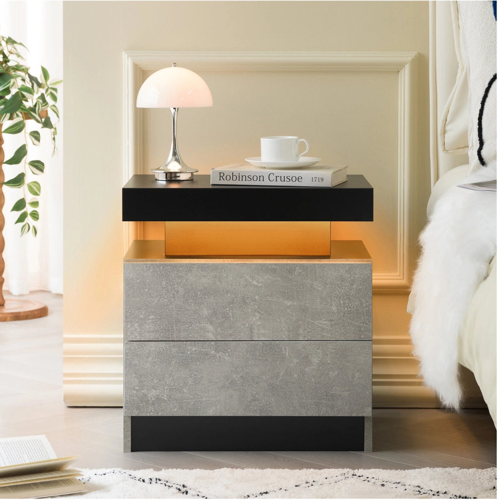 Comodino con luci LED regolabili e 2 cassetti in legno ingegnerizzato grigio
