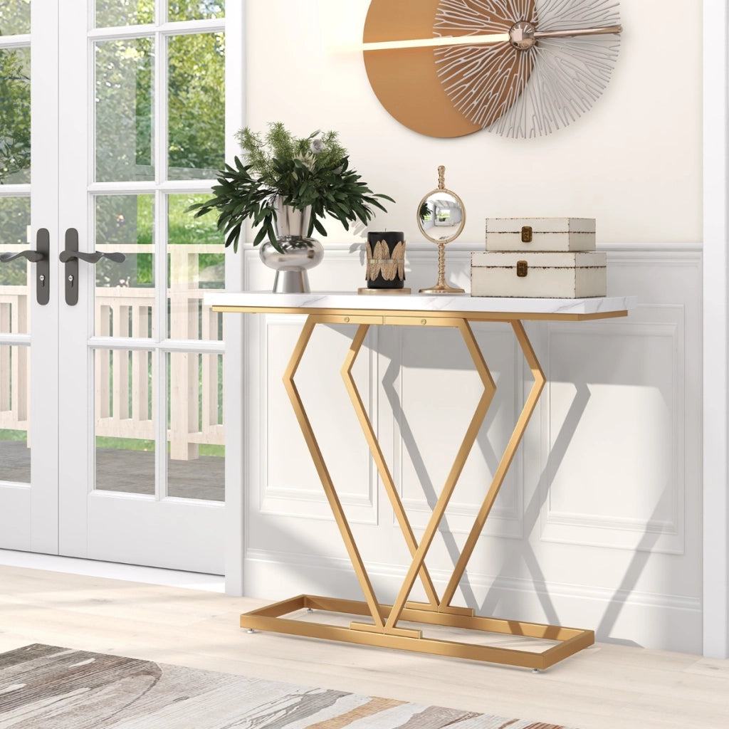 Consolle oro in finto marmo con telaio geometrico a forma di diamante, Tavolo stretto da ingresso da 100cm Bianco-Consolle