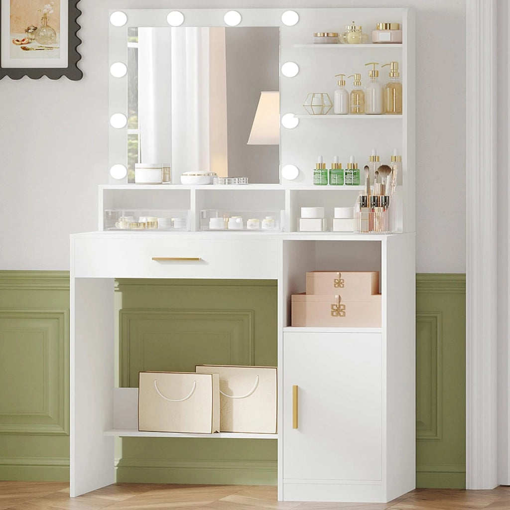 Hzuaneri Toeletta da Trucco, Luminosità Regolabile,Tavolo da Trucco con Specchio Grande, ampio cassetto e armadietto, Durevole e stabile, Moderno, Bianco VT08103X