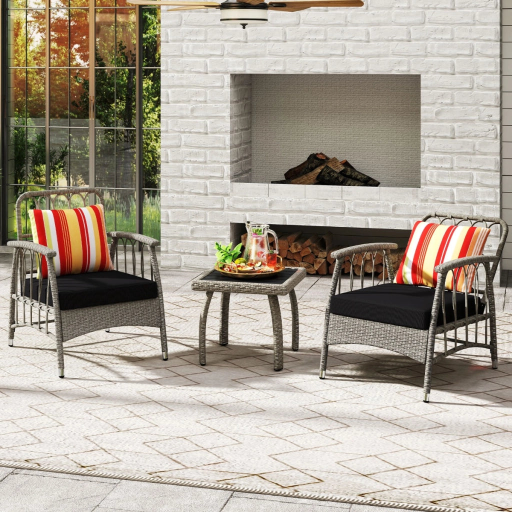 Set da giardino 3 pezzi in rattan PE con schienale regolabile a 5 livelli-Set da conversazione per esterno con cuscini e tavolino da caff¨¨ Grigio