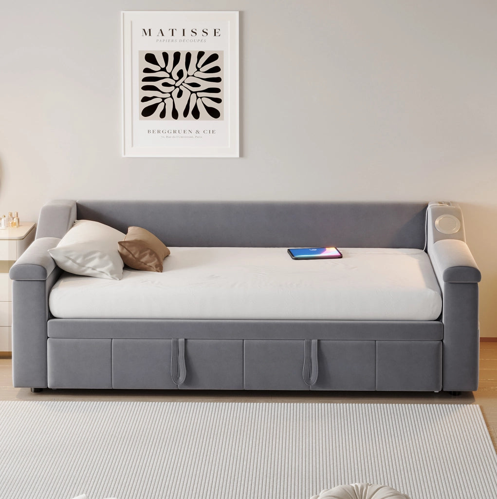 Divano letto imbottito con estensione idraulica 90/180x190 cm; velluto grigio; con Bluetooth e USB