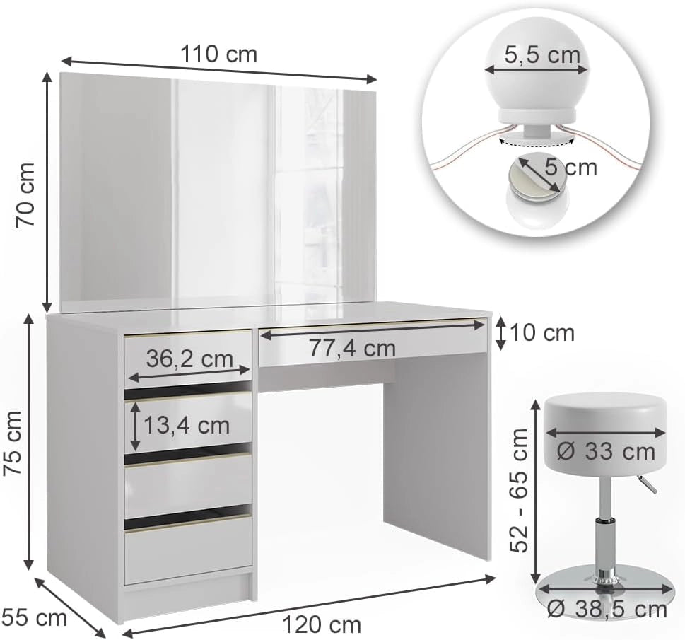 Vicco Tavolino da toilette Sherry, Bianco/Oro, 120 cm con illuminazione a LED e sgabello, con illuminazione LED e sgabello coordinato