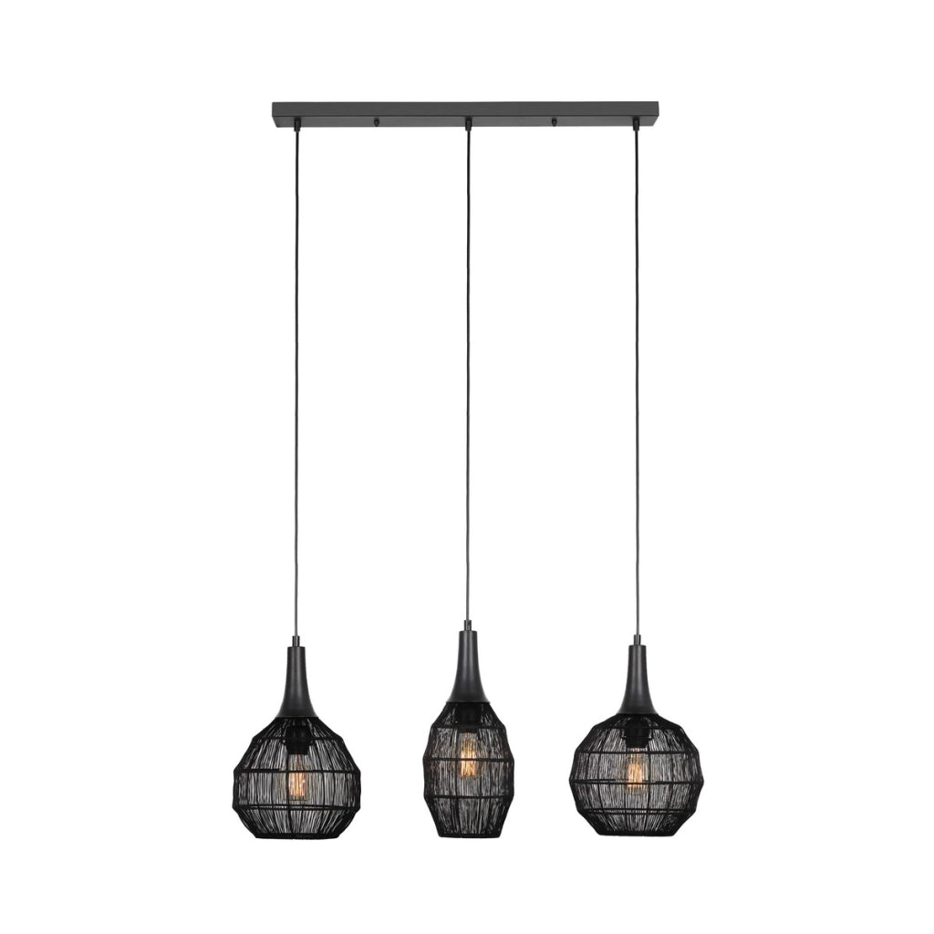 Lampada sospesa industriale nera barra 3 gabbie E27