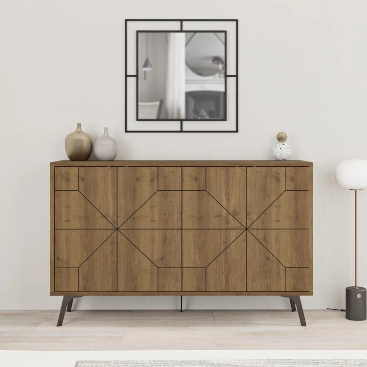 Madia Credenza Design Geometrico Moderno 123x77 cm con 4 Ante in Legno Rovere