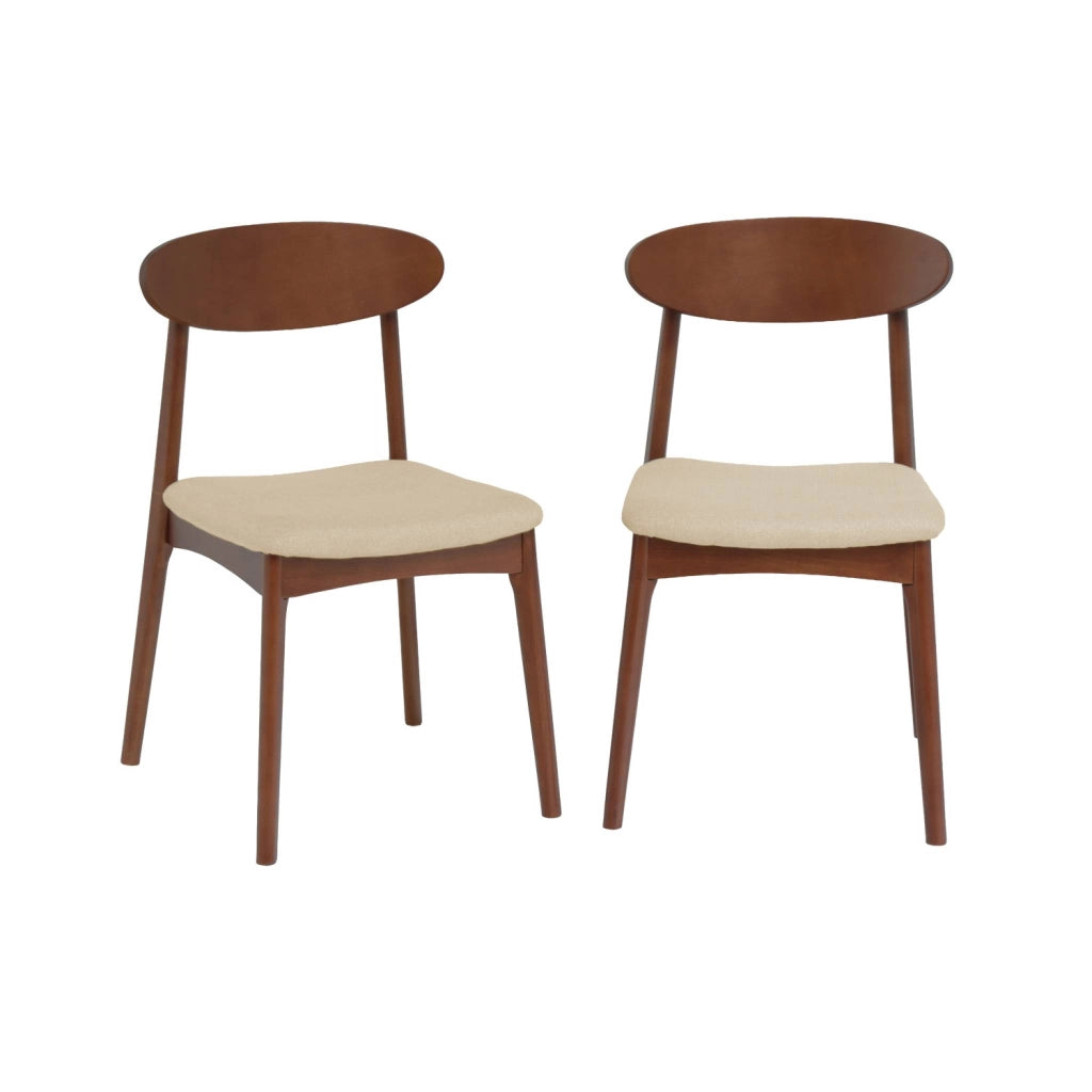 Set 2 sedie vintage in legno di hevea noce e tessuto, beige