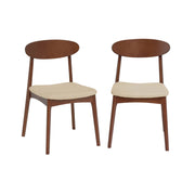 Set 2 sedie vintage in legno di hevea noce e tessuto, beige