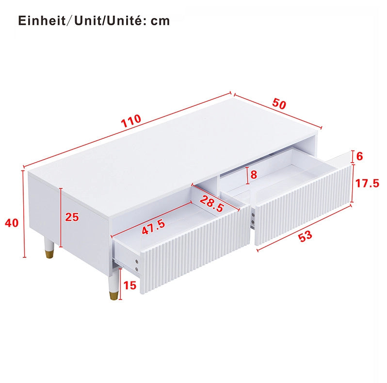Tavolino da caffè LED bianco 110×50×40 cm con 2 cassetti