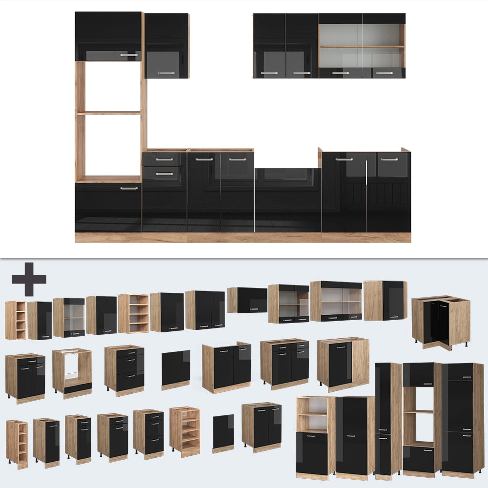 Vicco Cucina componibile Rovere nero/oro lucido 300 cm con armadio alto, PL Antracite