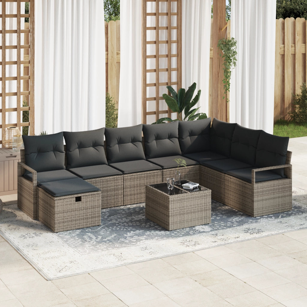 Set di Divani da Giardino a 9 Pezzi con Cuscini Rattan Grigio