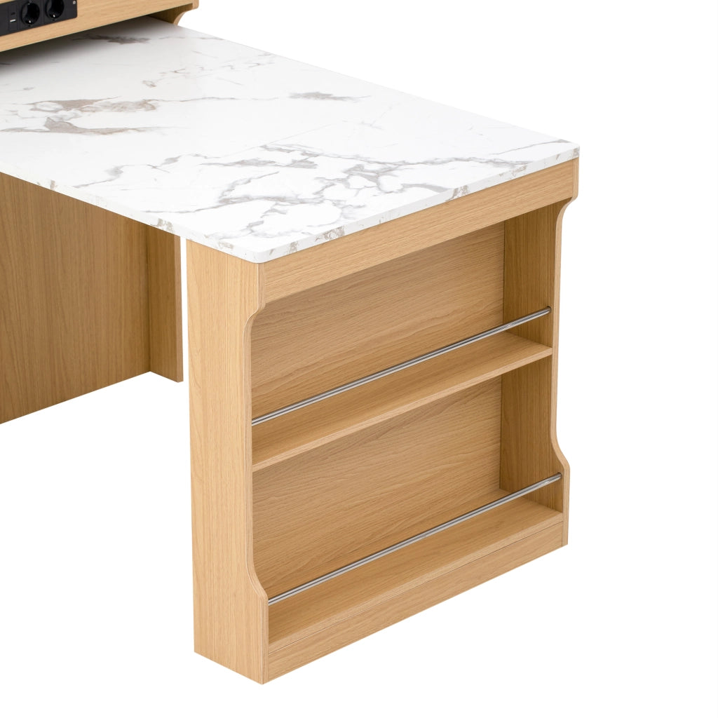 Tavolo allungabile multifunzione con cassetti e prese elettriche in MDF e vetro naturale per cucina e sala da pranzo