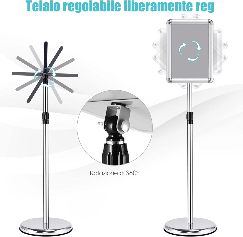 Supporto Poster Menù Stand per Pubblicità da Terra in Metallo, Girevole e Regolabile in Altezza, A4 / A3 (A4 Argento x 2)