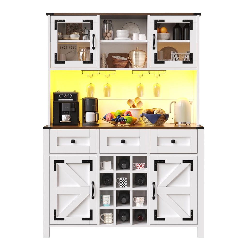Credenza Alta da Cucina con 4 Ante; 3 Cassetti; LED; Prese e USB; in MDF e Vetro; 120 x 40 x 170 cm; Bianca