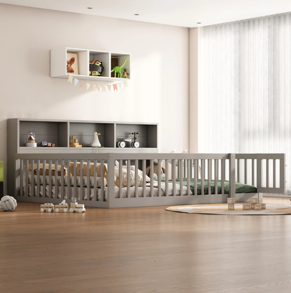 Letto daybed 205x164.5x87 cm con sponde di sicurezza e vani laterali in legno di pino e MDF grigio