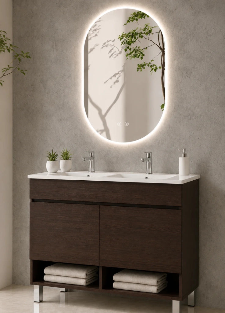 Mobile bagno con piedini con lavabo extrapiano ORIGENBATH NEBARI senza specchio 120x45 cm doppio lavabo frassino tea