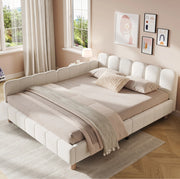 Letto 140x190 cm in velluto beige con rete a doghe e braccioli con tasche