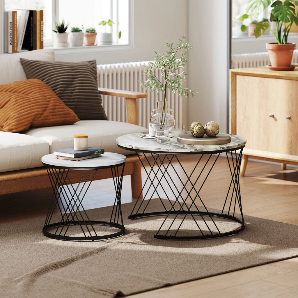 Tavolino da caff¨¨ rotondo con piano effetto marmo ¨C zephmum ¨C grigio e bianco