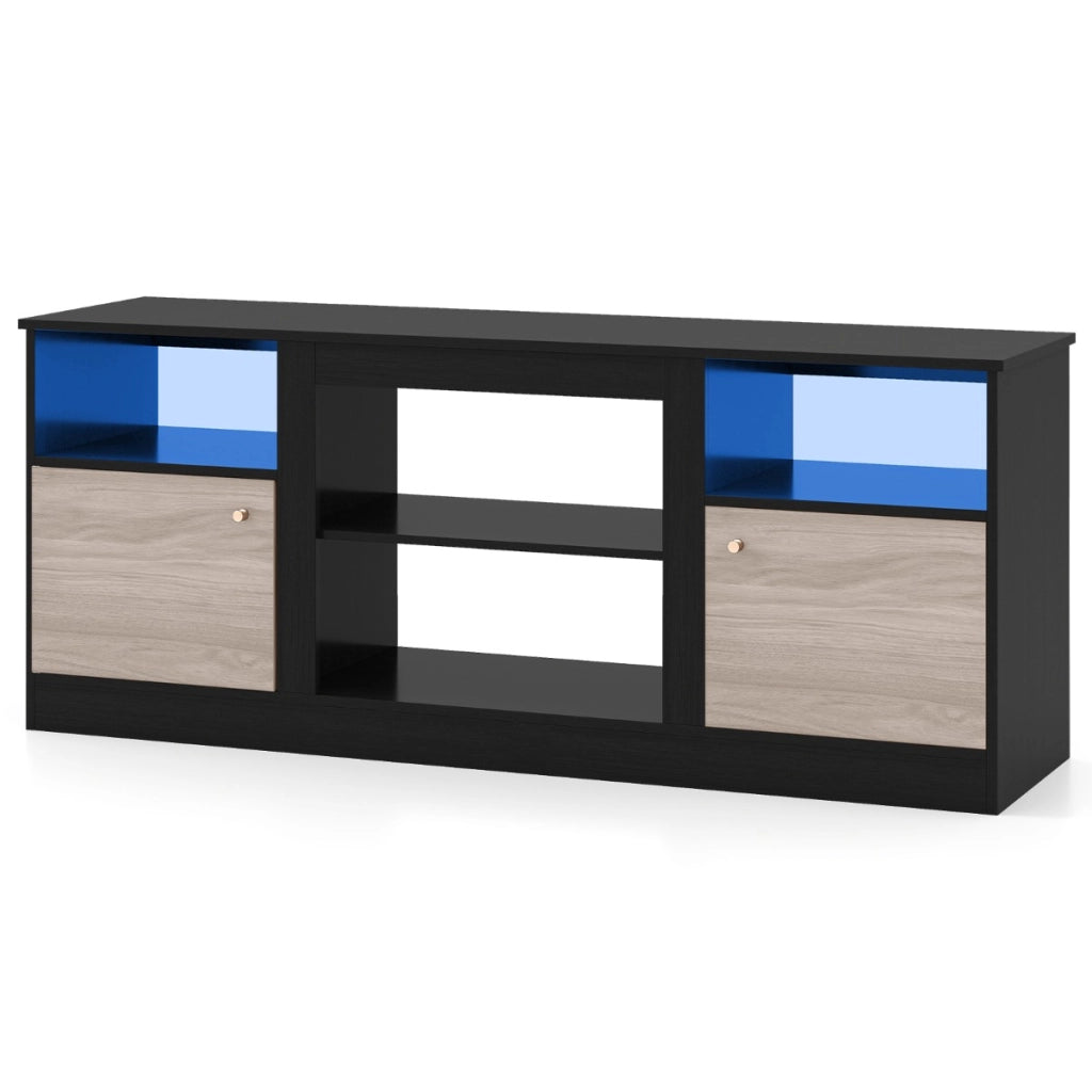 Supporto tv con luci led con ripiano regolabile e scomparto aperto per camino elettrico, Supporto consolle con spazio