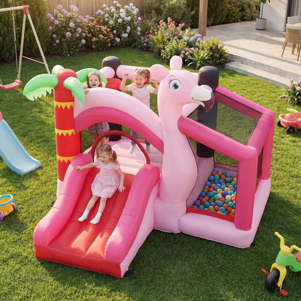 Castello Gonfiabile per Bambini con Scivolo, Trampolino, Vasca di Palline e Canestro Basket, 255x230x196 cm, Rosa