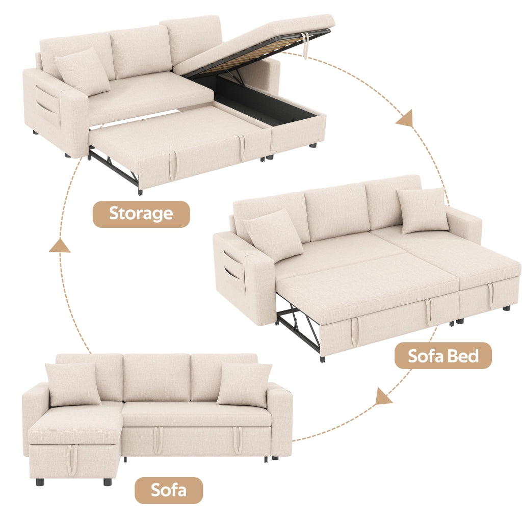 Divano letto angolare reversibile con contenitore e tasche laterali - in lino beige