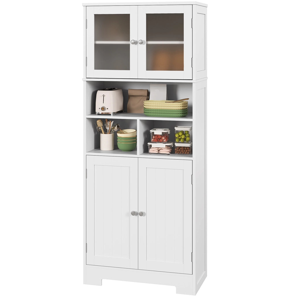 Credenza Bianca con 2 Ante a Vetro e 3 Vani Aperti, Ripiani Regolabili ¨C Zephmum ¨C 60x30x145.5 cm