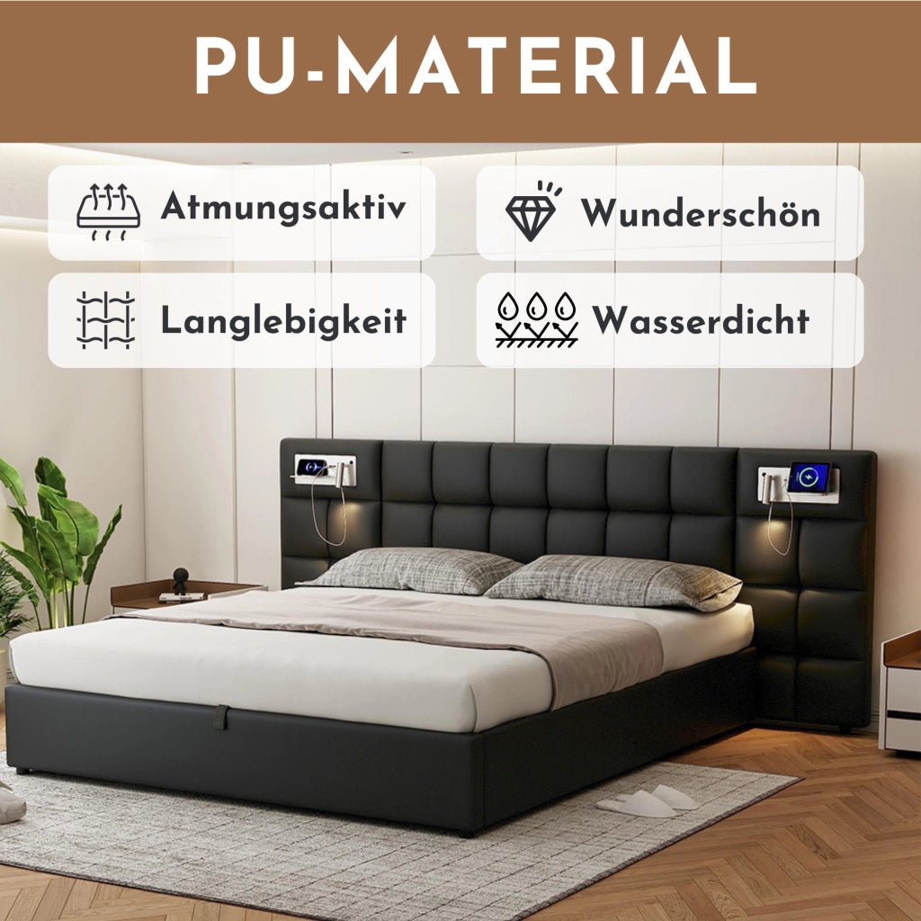 LETTO Imbottito 180 x 200 cm PU Nero con USB, ricarica wireless e luce