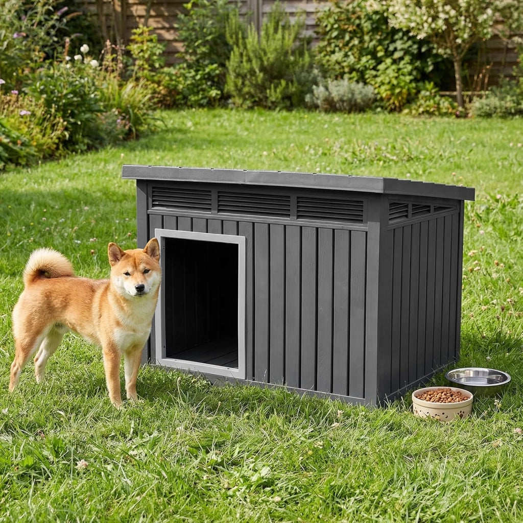 Cuccia per Cani, Cassetta per Animali Domestici in PP con Tetto Inclinato Apribile, Finestre Ventilate a Lamelle e Soglia Rialzata, Cuccia da Interna ed Esterna, 81 x 64 x 61 cm