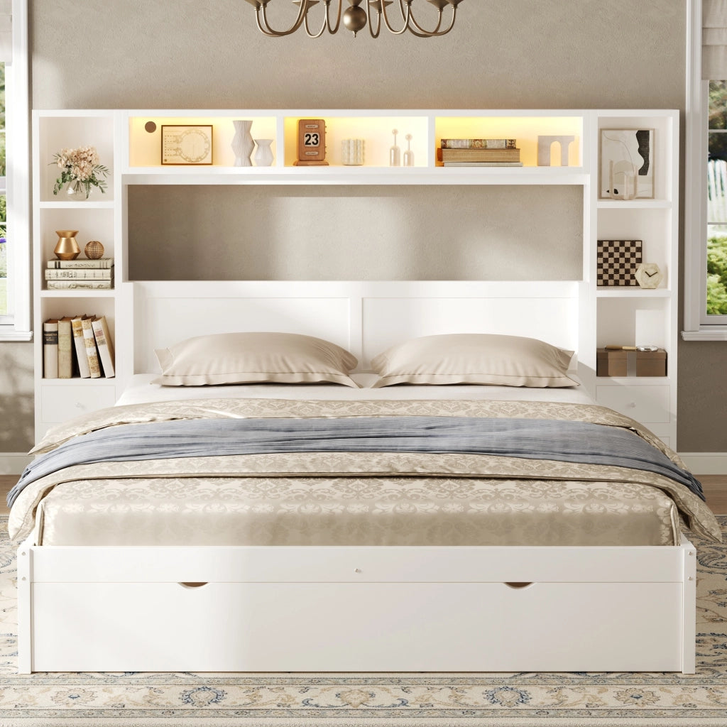 Letto contenitore 140x200 bianco con 7 cassetti; testiera libreria e luce LED