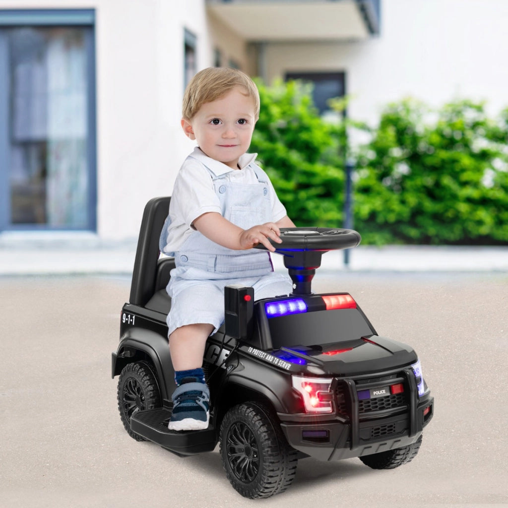 Auto della polizia giocattolo alimentata a batteria, Cavalcabile per bambini con megafono laterale clacson Nero