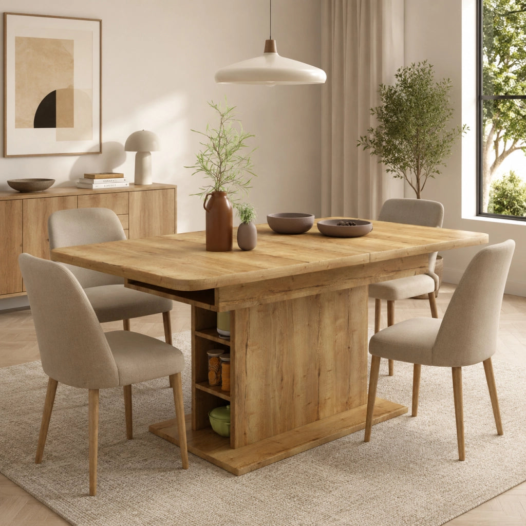 Tavolo da pranzo allungabile con spazio contenitivo, design moderno, colore naturale