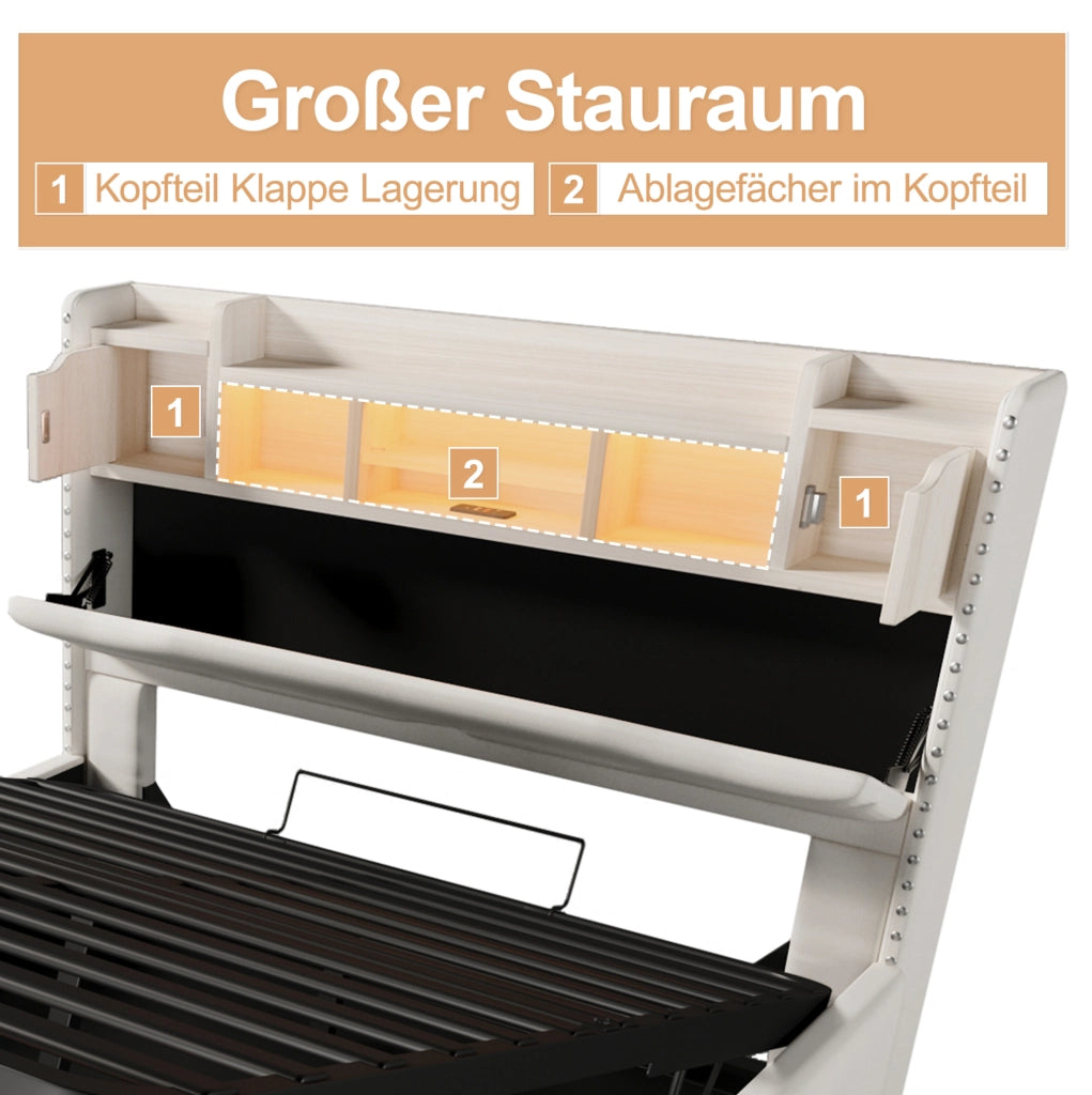 Letto imbottito 160x200 cm beige con vano idraulico e LED