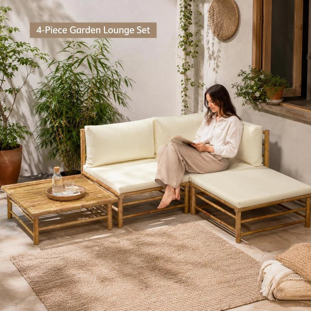 4-piece Garden Lounge Set With Cream-white Bamboo Cushions