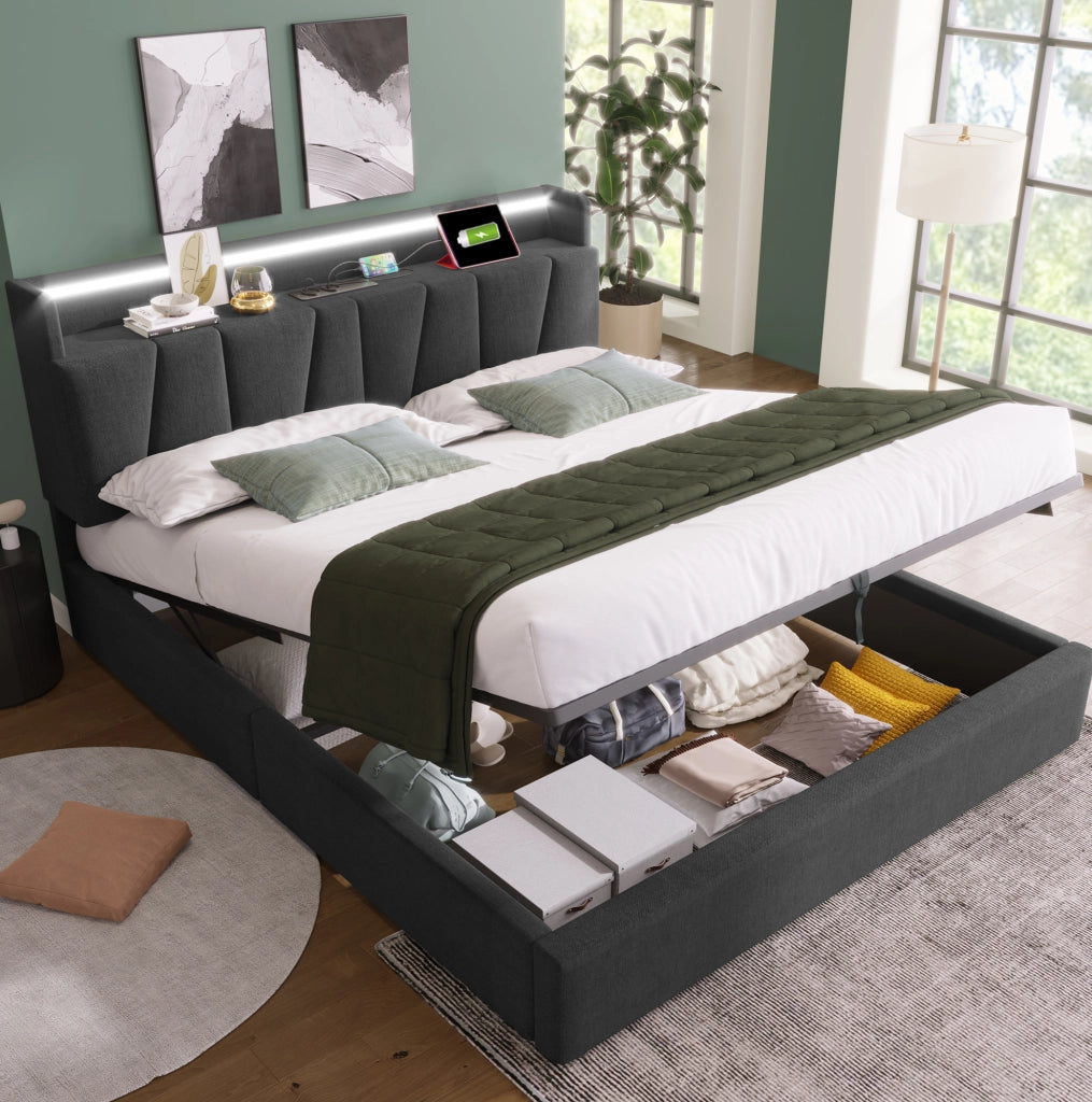 Letto matrimoniale imbottito 140x190 cm con contenitore; LED e prese USB; grigio