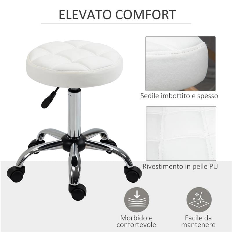 SGABELLO GIREVOLE ROTONDO CON RUOTE, ALTEZZA REGOLABILE E RIVESTIMENTO IN FINTA PELLE, BIANCO
