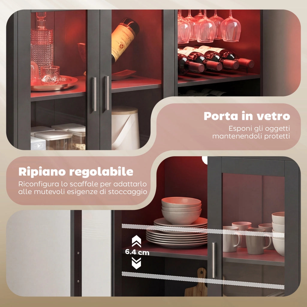 Mobile Portabottiglie con Luce LED e Scaffale Regolabile, in Legno e Vetro, 120x38x88 cm, Nero