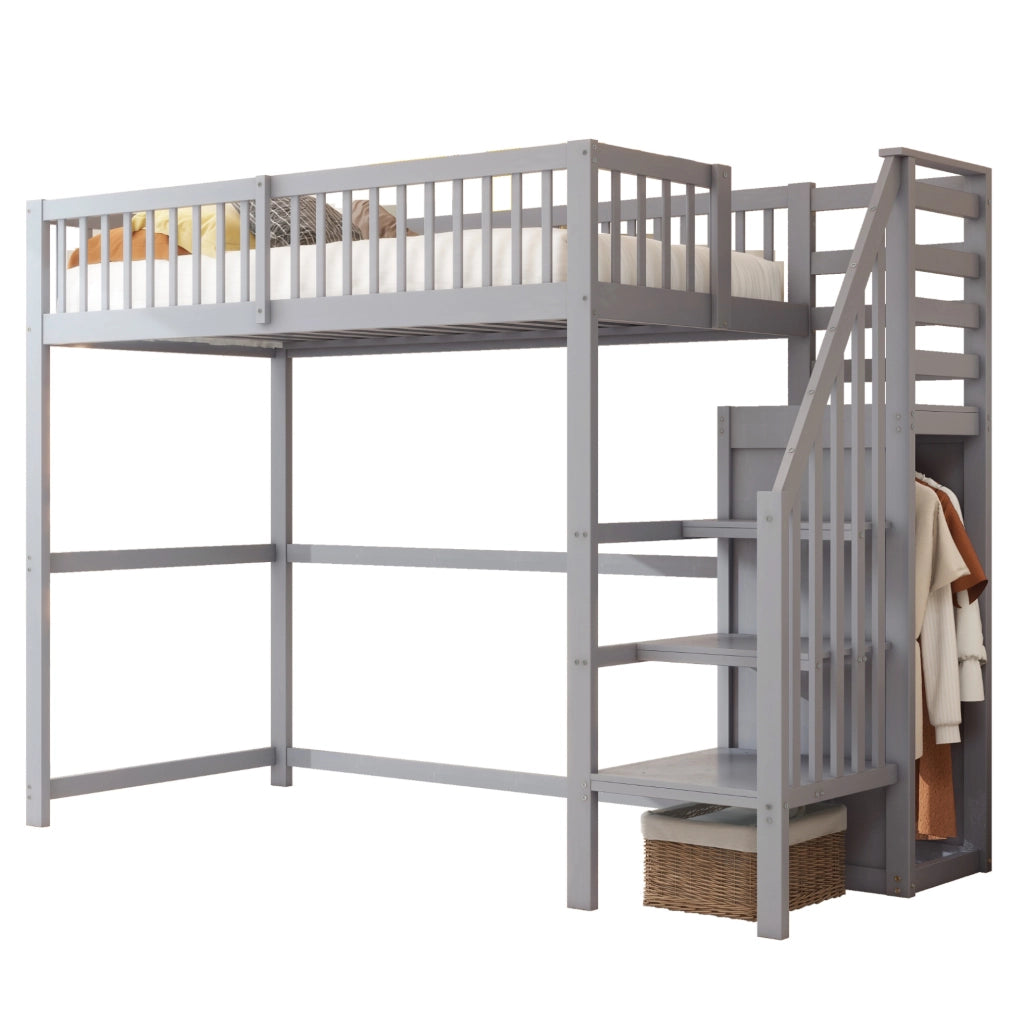 Letto a soppalco 90x200 cm grigio in legno con scala, armadio e ripiani