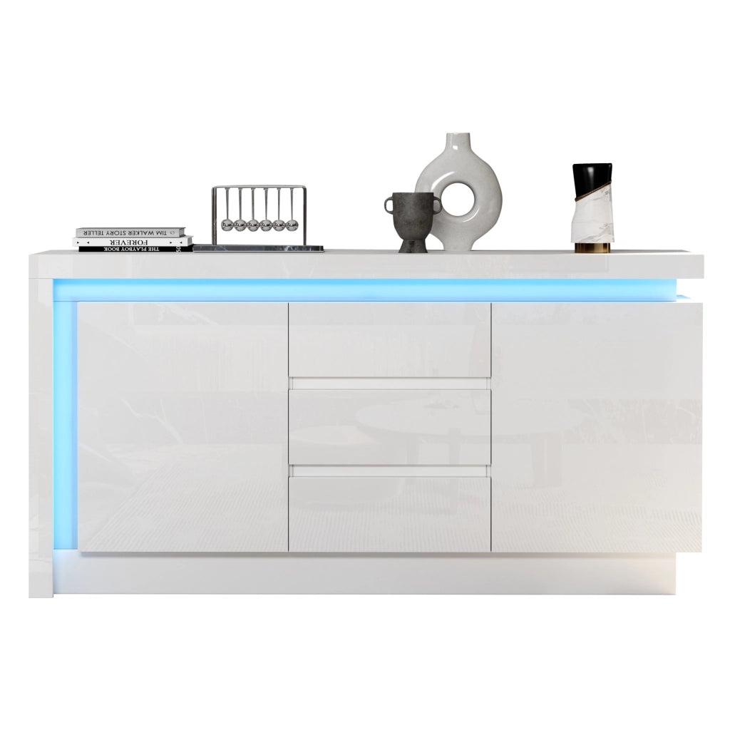 Sideboard 140x35x72 cm con 2 ante; 3 cassetti; LED; bianco lucido