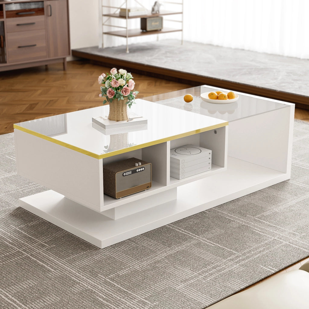 TAVOLINO DA CAFFÈ 100x50 cm Bianco Lucido con vetro temperato e LED