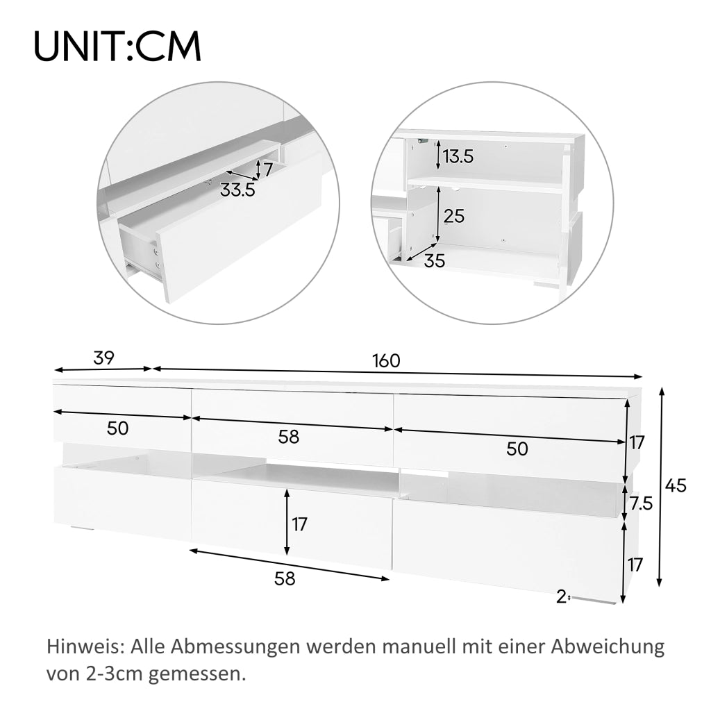 Mobile porta TV con LED 2 ante 1 cassetto e vano aperto per soggiorno in truciolare bianco lucido 160 × 39 × 45 cm