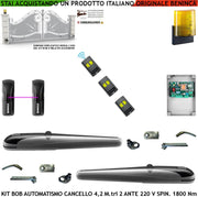 Cancello 4,2 Metri 2 Ante Kit BOB Automatismo Motori Elettromeccanici 230 V Corsa 325 mm Spinta 1800 Nm Staffe Fissaggio Sblocco a Chive 3 Radiocomandi Coppia Fotocellule Lampeggiante Led con Antenna