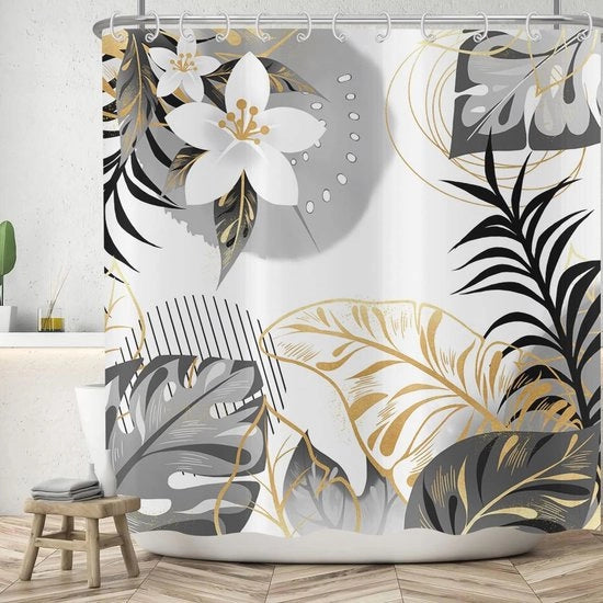 Douchegordijn a specchio con foglie tropicali - 180 x 180 cm, lavabile e impermeabile