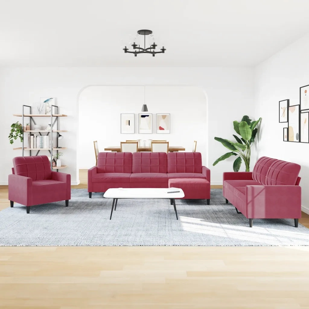 Set di Divani 4 pz con Cuscini Rosso Vino in Velluto