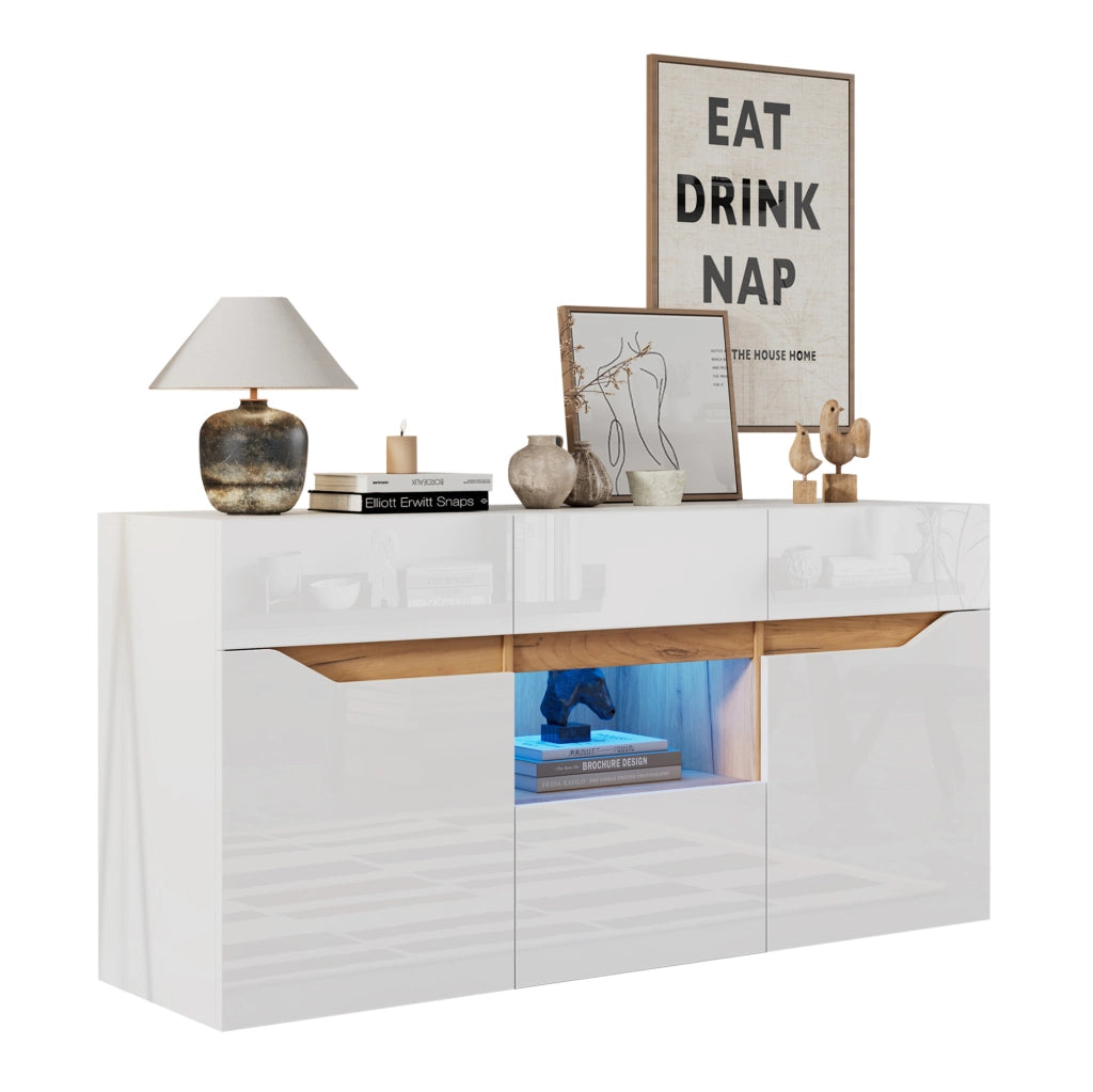 Credenza LED bianca e legno, 4 cassetti e 2 vani